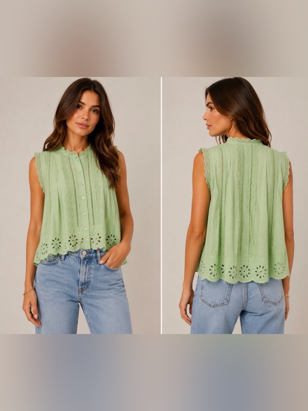 Farm Rio Sage Green Eyelet Embroidered High Low Cotton Blouse Top NWT Sz S Boho